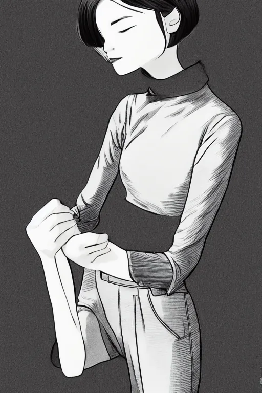 Image similar to portrait of a girl in long pants and a top, hands in pockets, eyes closed, bob haircut, digital art, black and white, illustration by roro kurotani