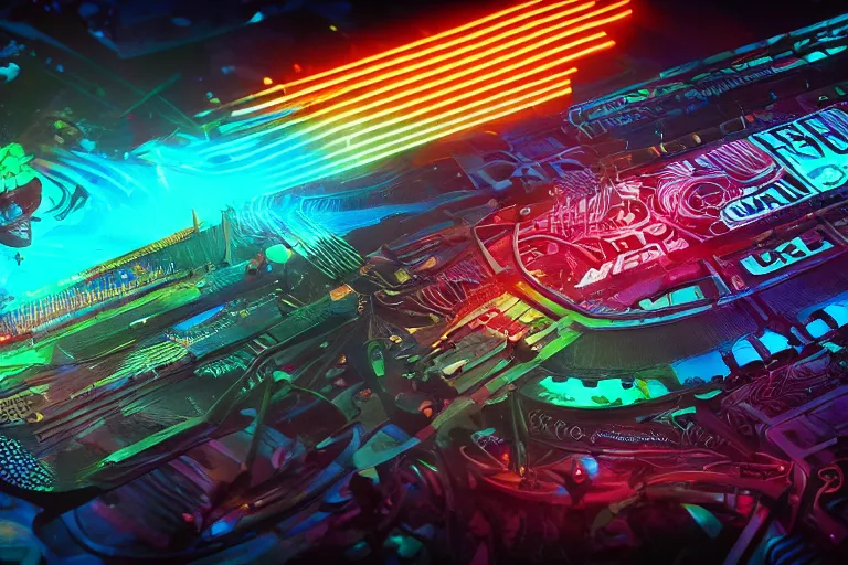 Image similar to photo of a concert ticket on a table, bandname is tripmachine, tour is invasion of the tripmachines, realistic digital art, 3 d render of a huge futuristic steampunk generator, 8 k, fluorescent colors, halluzinogenic, multicolored, exaggerated detailed, unreal engine