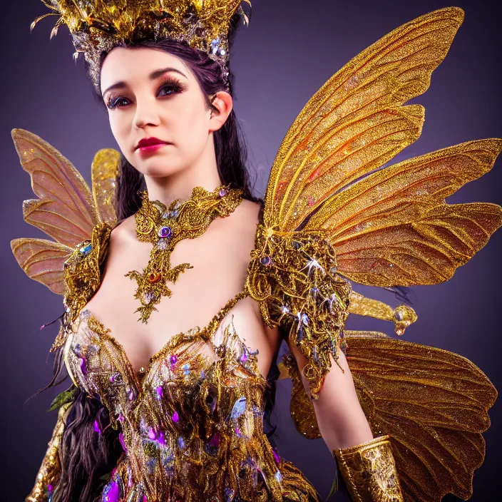Image similar to full body photo of a very beautiful!! fairy queen with ornate sparkling robes, highly detailed, 4 k, hdr, smooth, sharp focus, high resolution, award - winning photo