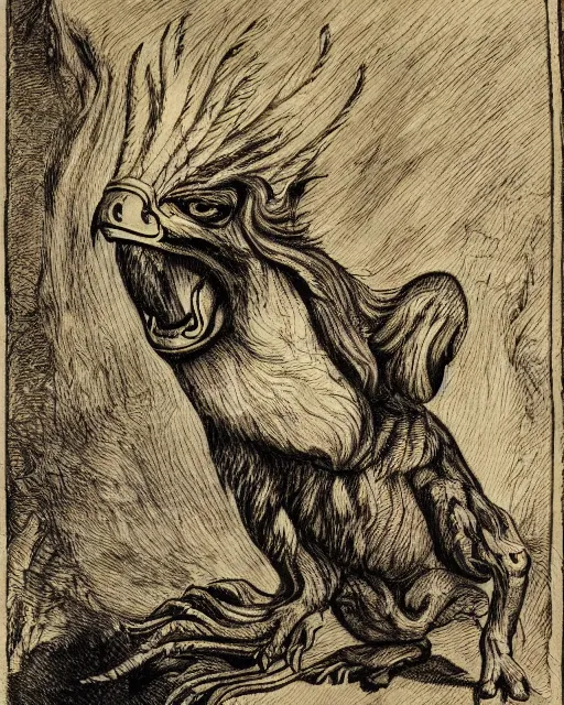 Image similar to a creature with the body and eyes of a man, with the beak of an eagle, the mane of a lion, and the horns of an ox. drawn by francis bacon