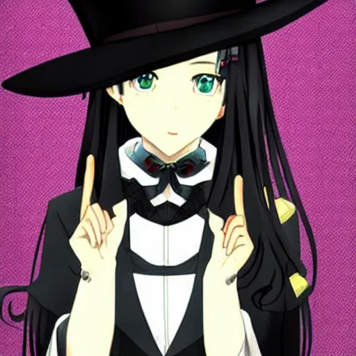 Image similar to an anime character with long black hair and a top hat, a character portrait by toyohara chikanobu, pixiv contest winner, neo - romanticism, booru, sabattier filter, official art