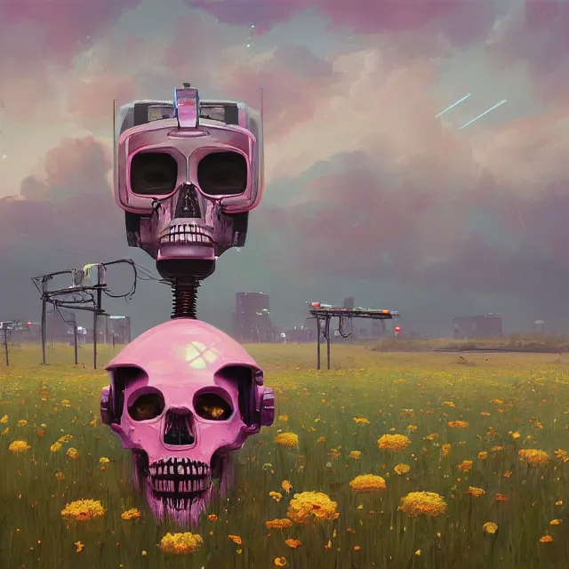 Image similar to a beautiful portrait painting of a cyberpunk robot skull in a field of flowers by simon stalenhag