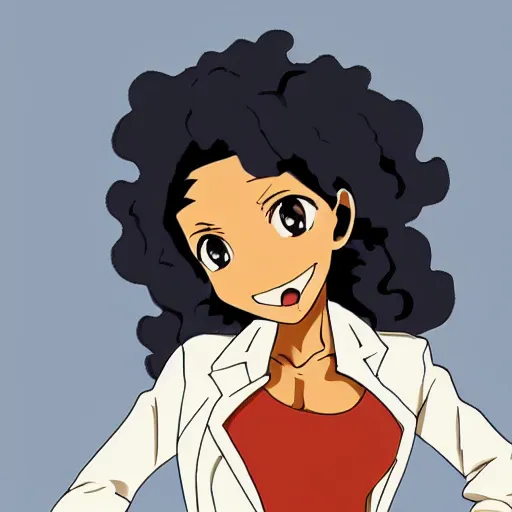 Image similar to A brown skinned woman with black curly hair as an anime character from cowboy bebop