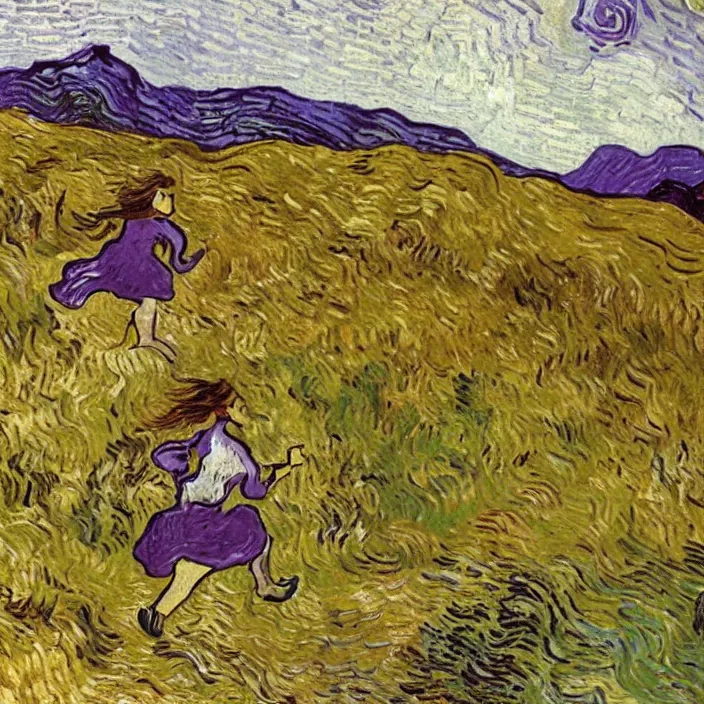 Prompt: woman with brown hair running up a hill, purple colors, painting by van gogh