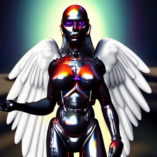 Prompt: cyborg female angel, digital art, ray tracing