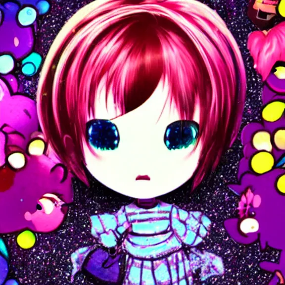 Image similar to photo of a emo manic pixie dream girl, 8k, portrait | sanrio glitchcore yokai girl, shadowverse character concept, found footage horror, glitter gif