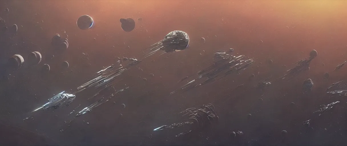 Prompt: concept art, a single and huge generation ship, a spaceship traveling to new worlds, deep space exploration, the expanse tv series, industrial design, dynamic angle, high energy and motion, spatial phenomena, cinematic lighting, 4k, greebles, widescreen, wide angle, beksinski, sharp and blocky shapes