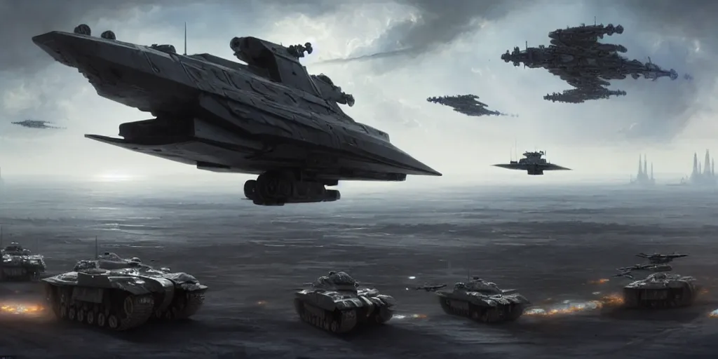 Image similar to hyper realistic sci - fi matte concept art painting of a low flying spaceship over a battlefield filled with tanks, mecha and transports, beautiful details, strong composition painted by kim jung guweta studio rutkowski, james gurney and greg rutkowski, and lucasfilm, smooth, intricate, detailed, sharp focus, cinematic