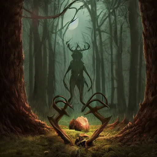 Image similar to Giant creepy creature with horns in a forest, digital art, realistic, moonlight, artstation, detailed