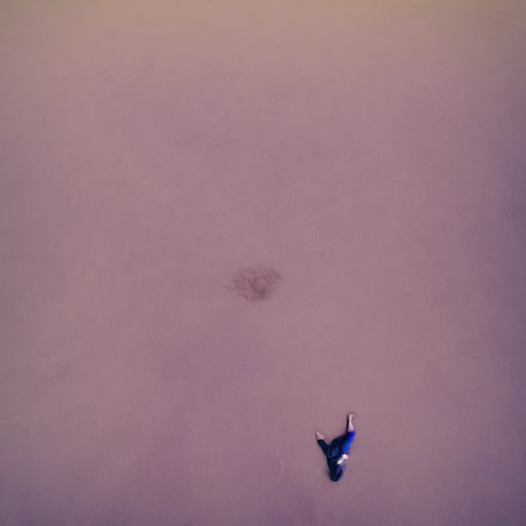 Prompt: drone view of iridiscent oil spill in desert dunes of sand tempest with women corpses connected by cables and computers to wax forms to a buried baby relaxing on yoga mat, faded, purple gradient, dust, purple fog, depth of field, by werner herzog, hans bellmer and nadav kander, 8 k, sad atmosphere, cinematic