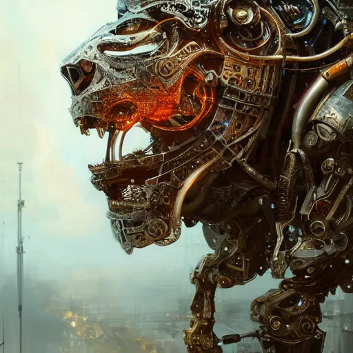 Image similar to a biomechanical lion made of scrap metal, cyberpunk, macro, intricate, elegant, highly detailed, digital painting, artstation, biolusence, concept art, sharp focus, art by artgerm and greg rutkowski and alphonse mucha, 8 k