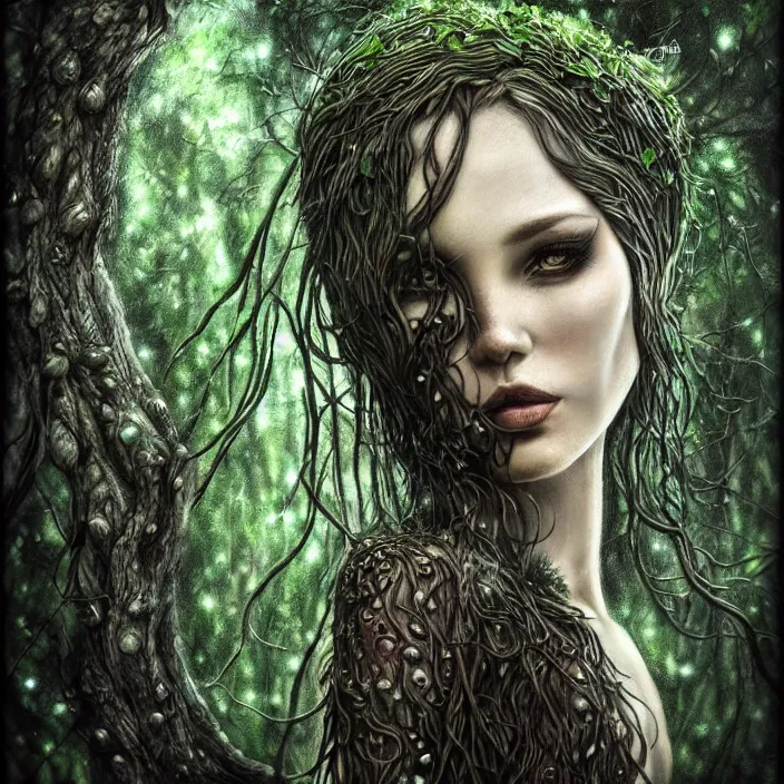 Image similar to female dryad, dark forest, surreal, nature, light shining through, hyper - realistic, highly detailed, sharp focus, smooth, intricate, marilena mexi style