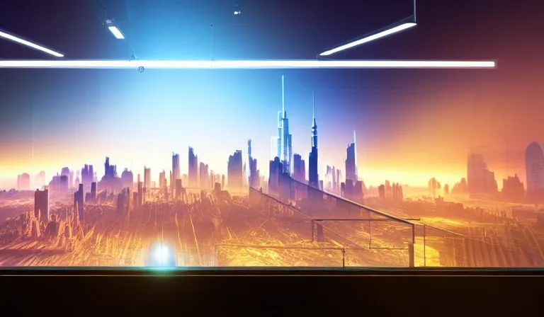 Image similar to crowd of people in simple windowed warehouse, looking at hologram of futuristic city on a table, cinematic concept art, godrays, golden hour, natural sunlight, 4 k, clear details, tabletop model buildings, center model buildings, hologram center, crane shot, crane shot, crane shot