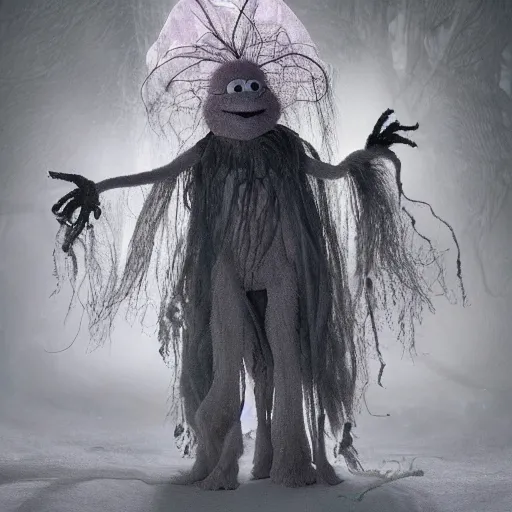 Image similar to ethereal ghostly live action muppet wraith like figure with a parasitic squid head with two large fuzzy moth antennae, four long tentacles for arms that flow gracefully at its sides, with a long fuzzy snake tail instead of legs, it stalks around the frozen tundra searching for lost souls and that hide in the shadows in the trees, this character uses hydrokinesis and electrokinesis, it is a real muppet by sesame street, photo realistic, real, realistic, felt, stopmotion, photography, sesame street