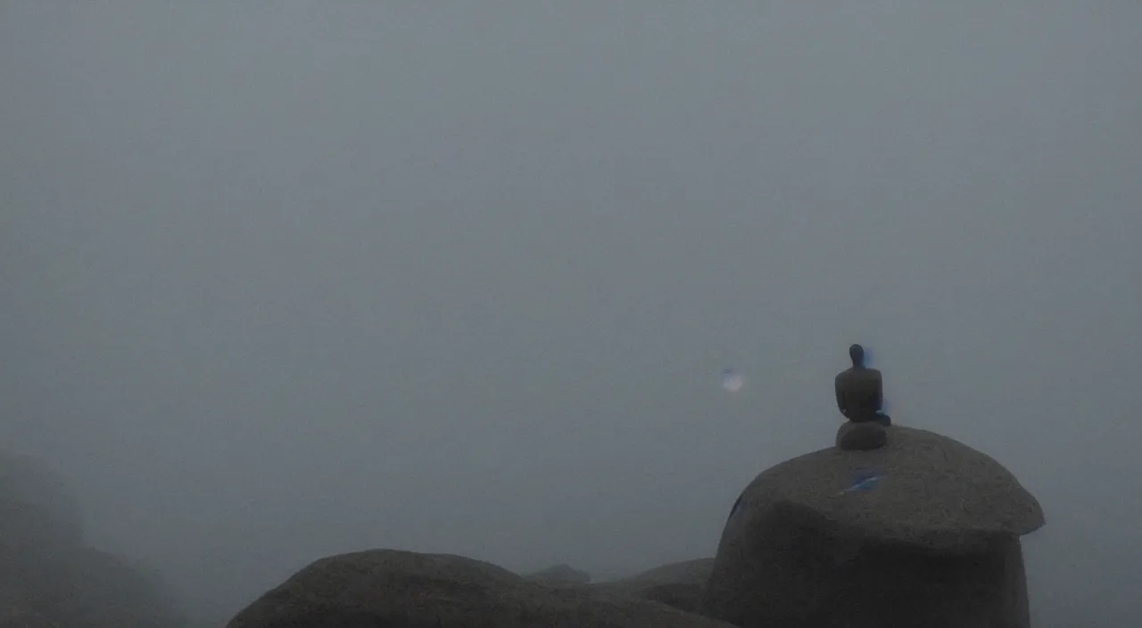 Image similar to visionary art painted style a lonely silhouette of a meditating monk sitting in the fog on a stone protruding from the water in the rays of the morning sun