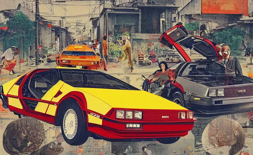 Image similar to a red delorean and a yellow tiger in ajegunle slum of lagos - nigeria, painting by hsiao - ron cheng, utagawa kunisada & salvador dali, magazine collage style,