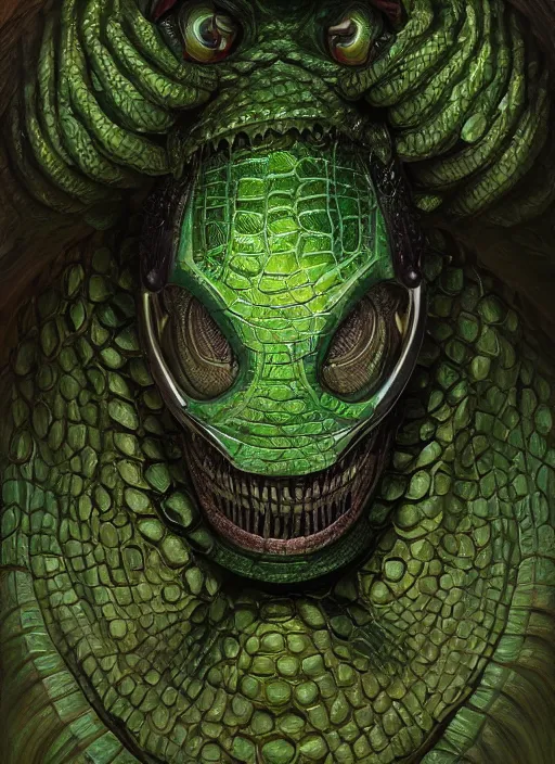 Image similar to cyber crocodile mf doom reptile eyes, green skin. intricate, elegant, highly detailed, centered, digital painting, artstation, concept art, smooth, sharp focus, illustration, artgerm, tomasz alen kopera, peter mohrbacher, donato giancola, joseph christian leyendecker, wlop, frank frazetta