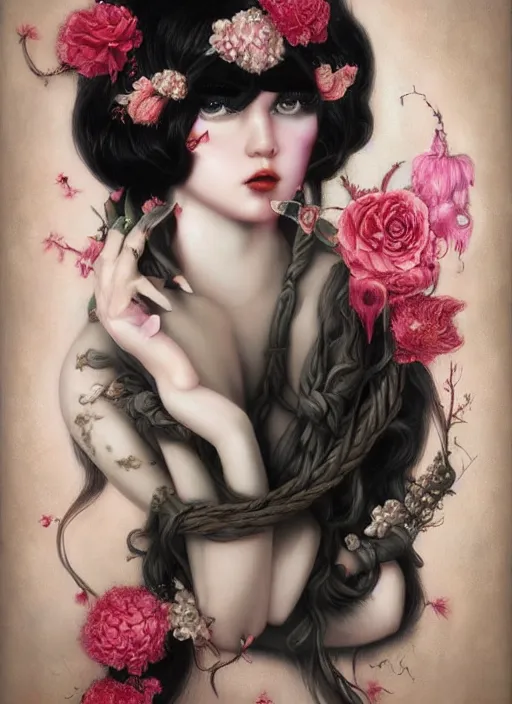 Image similar to pop surrealism, lowbrow art, realistic seductive cute woman painting, long black hair, japanese shibari with flowers, hyper realism, muted colours, rococo, natalie shau, loreta lux, tom bagshaw, mark ryden, trevor brown style,