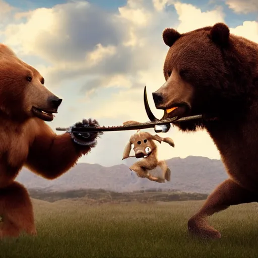 Prompt: anthropomorphic bear fighting an anthropomorphic bull, movie scene 8k