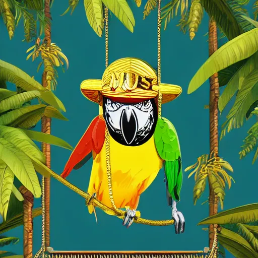 Image similar to parrots dressed in golden rings, necklaces and with caps on head, rapping and sitting on golden trees, rap scene, jungle concept art, trending on artstation, highly detailed, digital art, 8 k