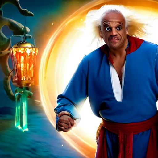 Image similar to doc brown as genie in the movie aladdin, movie still 8 k hdr atmospheric lighting