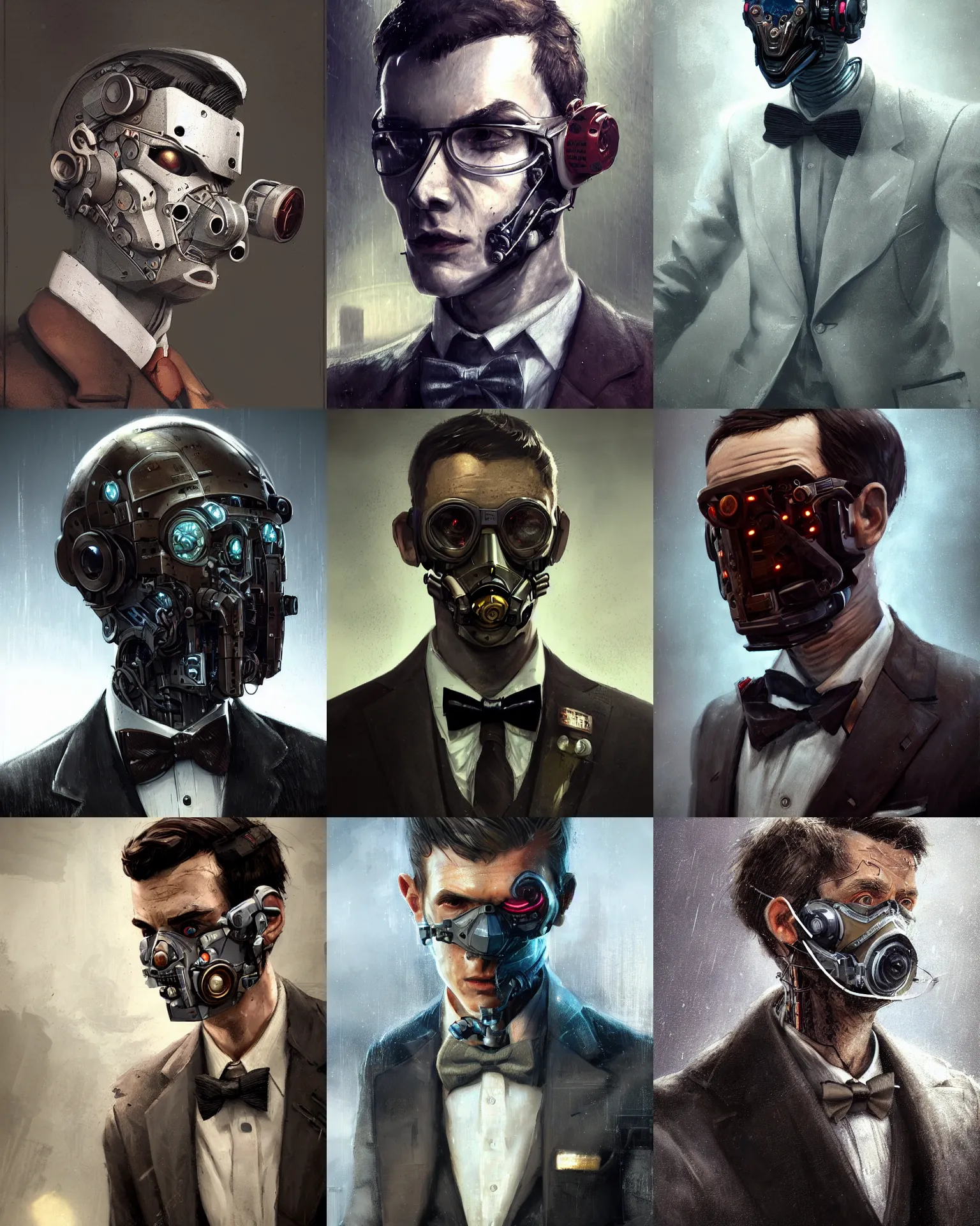 Image similar to a rugged young engineer man with cybernetic enhancements wearing a suit and bowtie, detailed face with mask, scifi character portrait by greg rutkowski, esuthio, craig mullins, 1 / 4 headshot, cinematic lighting, dystopian scifi gear, gloomy, profile picture, mechanical, half robot, implants, steampunk