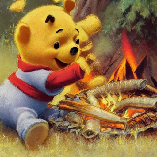 Image similar to close up of winnie the pooh cooking a whole hog roast over a fire, cinematographic shot, by daniel f. gerhartz