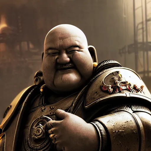 Image similar to Portrait of Budai as the emperor of humanity from warhammer 40k in Gears of War, splash art, movie still, cinematic lighting, dramatic, octane render, long lens, shallow depth of field, bokeh, anamorphic lens flare, 8k, hyper detailed, 35mm film grain