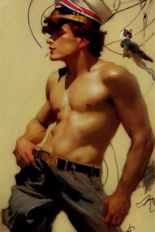 Prompt: attractive sailor, male, painting by gaston bussiere, craig mullins, j. c. leyendecker, yoji shinkawa, tom of finland