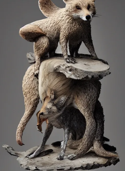 Image similar to sculpture of rat mating with a fox made of wood, portrait, female, future, wood, tree, harper's bazaar, vogue, magazine, insanely detailed and intricate, concept art, close up, ornate, luxury, elite, elegant, trending on artstation, by ruan jia, by Kenneth Willardt, by ross tran, by WLOP, by Andrei Riabovitchev,