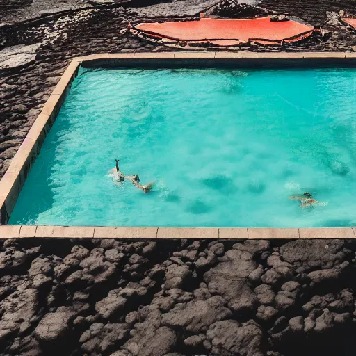 Prompt: A beautiful pool in the middle of a volcano flodding with lava, digital art, 85mm lens,