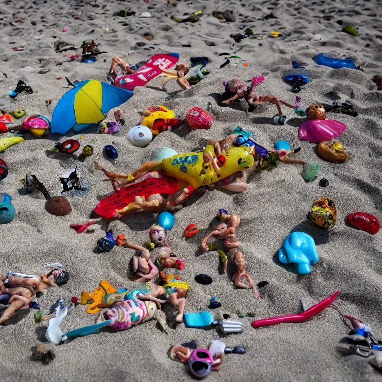 Prompt: surreal hyperrealistic photograph of a beach, toy dolls and parts of toy dolls strewn about, shot toward the ocean