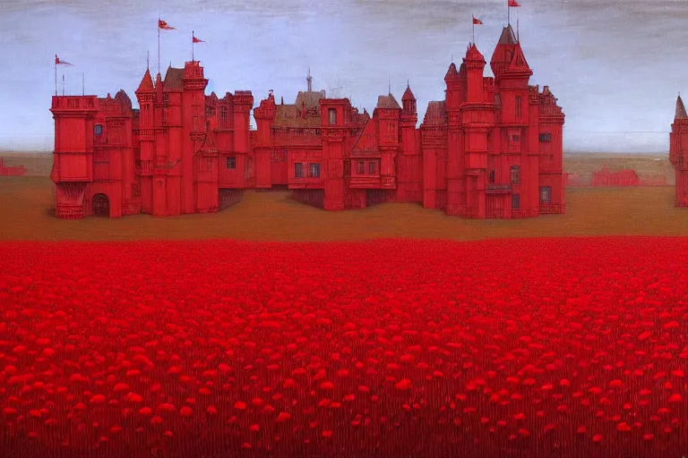 Image similar to only with red, red flowers of different types, red castle in background, red medieval big goblins, in the style of beksinski, parts by edward hopper, parts by rodcenko, parts by yue minjun, intricate and epic composition, red by caravaggio, insanely quality, highly detailed, masterpiece, red light, artstation, 4 k