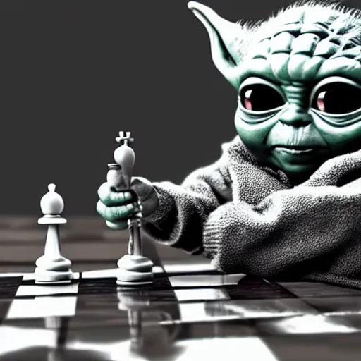 Prompt: real vintage photo, baby yoda playing chess with the terminator, detailed, hyper realistic, 4 k octan render, unreal 5