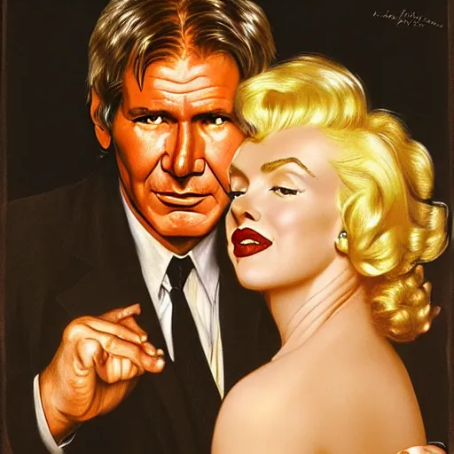 Image similar to a beautiful portrait of Harrison ford and his secretary Marilyn Monroe with long golden blond curly hair gazing warmly at the viewer, golden hour, cool tones, pale skin, by J.C Leyendecker and Norman Rockwell