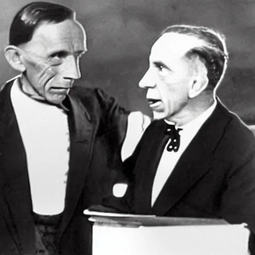 Prompt: Joseph Goebbels and Elmo vigorously debating at the 2012 Democratic convention, Reuters