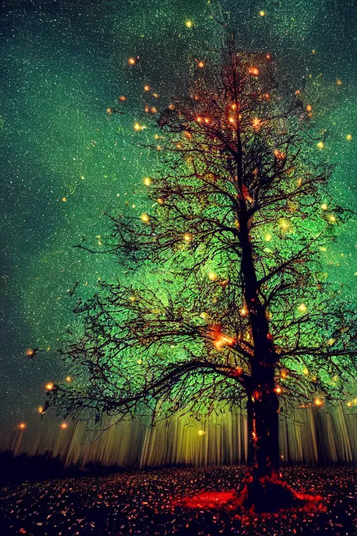 Prompt: magical tree filled with fireflies, nighttime, glowing, magical, cinematic