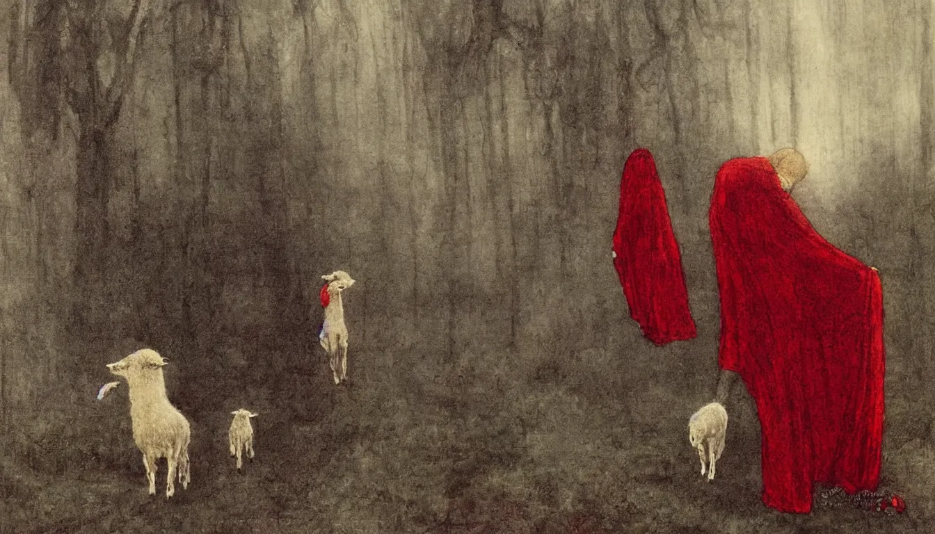 Prompt: a lamb wearing heavy red robes by ida rentoul outhwaite, deep crimson and dark shadows, foggy background, ambient glow, horror scene