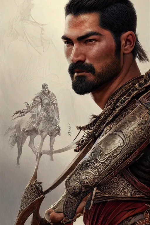 Image similar to burak ozcivit ultra realistic illustration, mongol horse archer warrior in style armor from 1 9 3 2, sci - fi, fantasy, intricate, elegant, highly detailed, digital painting, artstation, god of war, concept art, smooth, sharp focus, illustration, art by artgerm and greg rutkowski and alphonse mucha