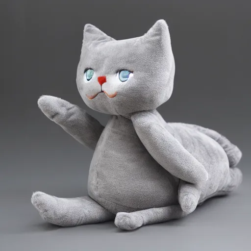 Prompt: gray anthropomorphic, cat female with a whit and chest, plushy