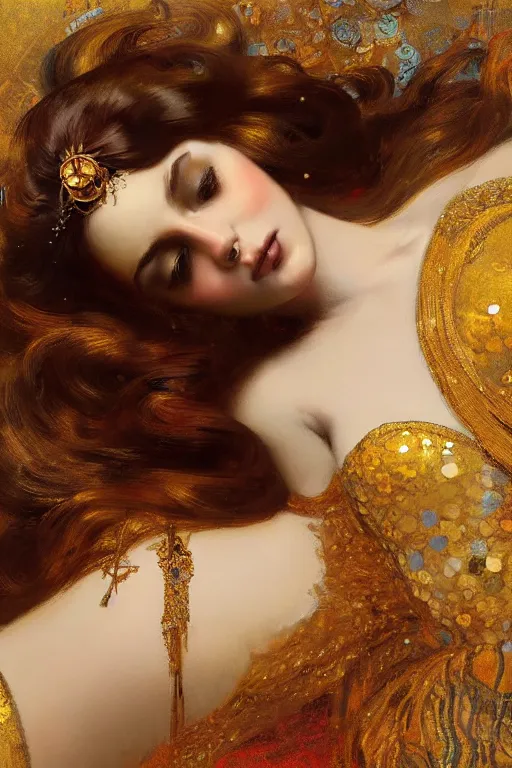 Image similar to an intricate artistic pose painting of a beautiful young goddess with an artistic sensual pose in bed with klimt golden motives and textures, hyper detailed, ornamental gold headpiece, octane render, vivid colors, artstation, by jeremy mann, by alphonse mucha, by boris vallejo