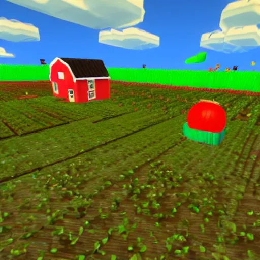 Image similar to a small vintage farm on fire in a corn field in the style of Mario 64, gameplay footage