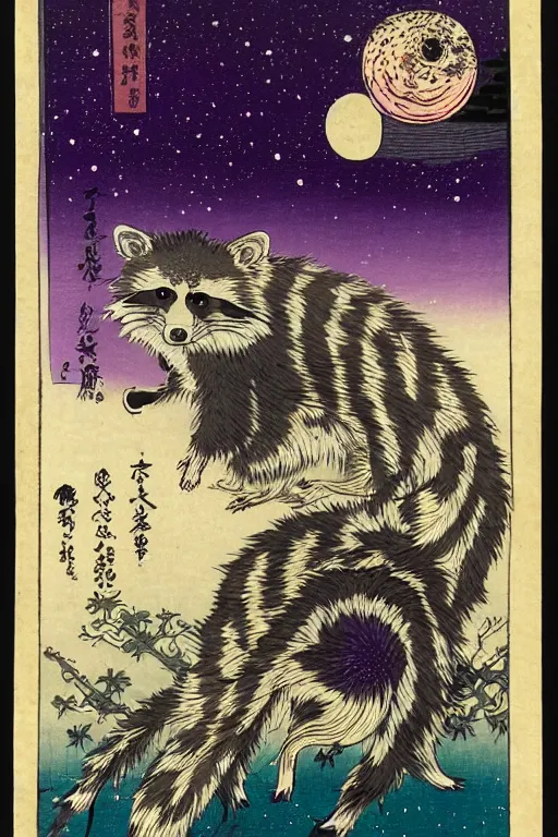 Prompt: purple raccoon in the stars in the style of Utagawa Hiroshige