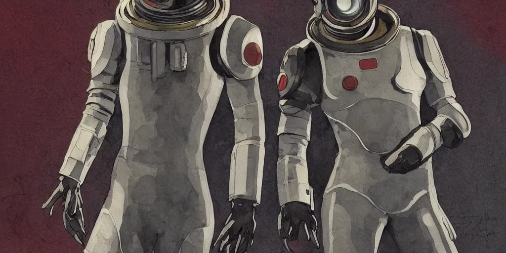 Prompt: male, full body, modern space suit, intriguing helmet, very stylized character design, the expanse tv series, large shoulders, short torso, long thin legs, tiny feet, science fiction, hyperdetailed, technical suit, dieselpunk, watercolor digital painting, in the style of mike mignola, by alex maleev, in the style of jean giraud