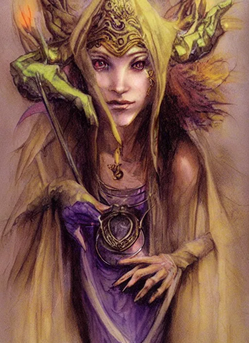 Image similar to portrait of young female sorceress of doom, beautiful! coherent! dungeons and dragons character, by brian froud, strong line, night color, high contrast