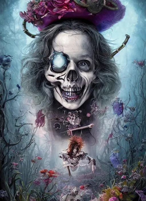 Image similar to Alice in Wonderland Mad Hatter Death Tarot card,highly detailed,half skull face,cinematic,8k,by Stanley Artgermm,Tom Bagshaw,Greg Rutkowski,Carne Griffiths, Ayami Kojima, Beksinski, Giger,trending on DeviantArt,hyper detailed,horror, full of colour