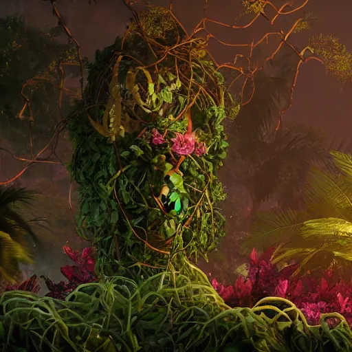 Image similar to a giant woman made of vines and leaves and a crown made of flowers towering over a tropical island, Dramatic Lighting, Trending on Artstation HQ, 4K, UHD.