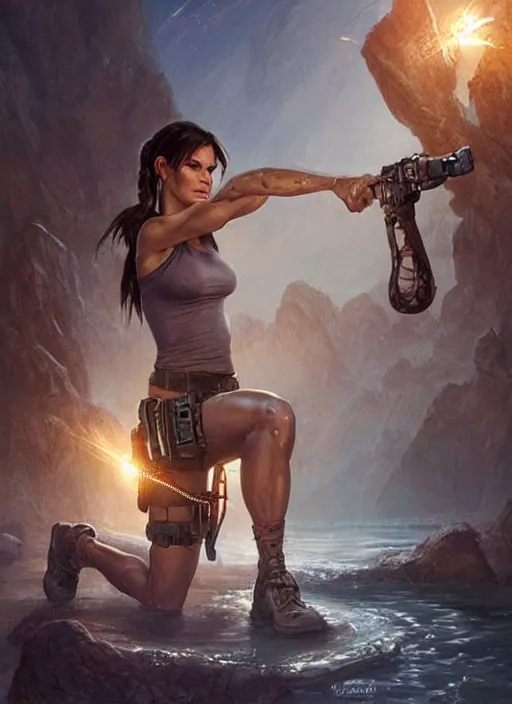 Image similar to Sandra Bullock as Lara Croft as a ruggedly handsome heroine kneeling next to a glowing artifact lodged in shallow water, intricate, elegant, highly detailed, artstation, concept art, smooth, sharp focus, illustration, bokeh art by artgerm and donato giancola and Joseph Christian Leyendecker, WLOP, fireflies