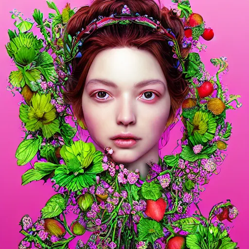 Image similar to the portrait of an absurdly beautiful, graceful, elegant, sophisticated perky woman made of strawberries and green petals, an ultrafine hyperdetailed illustration by kim jung gi, irakli nadar, intricate linework, bright colors, octopath traveler, final fantasy, unreal engine 5 highly rendered, global illumination, radiant light, detailed and intricate environment