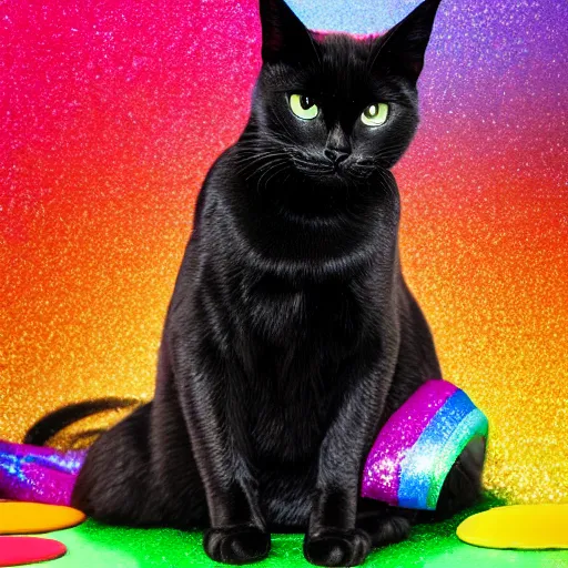 Prompt: a photo of a black cat with rainbow glitter, highly detailed, photorealistic, f 2. 8, in - frame